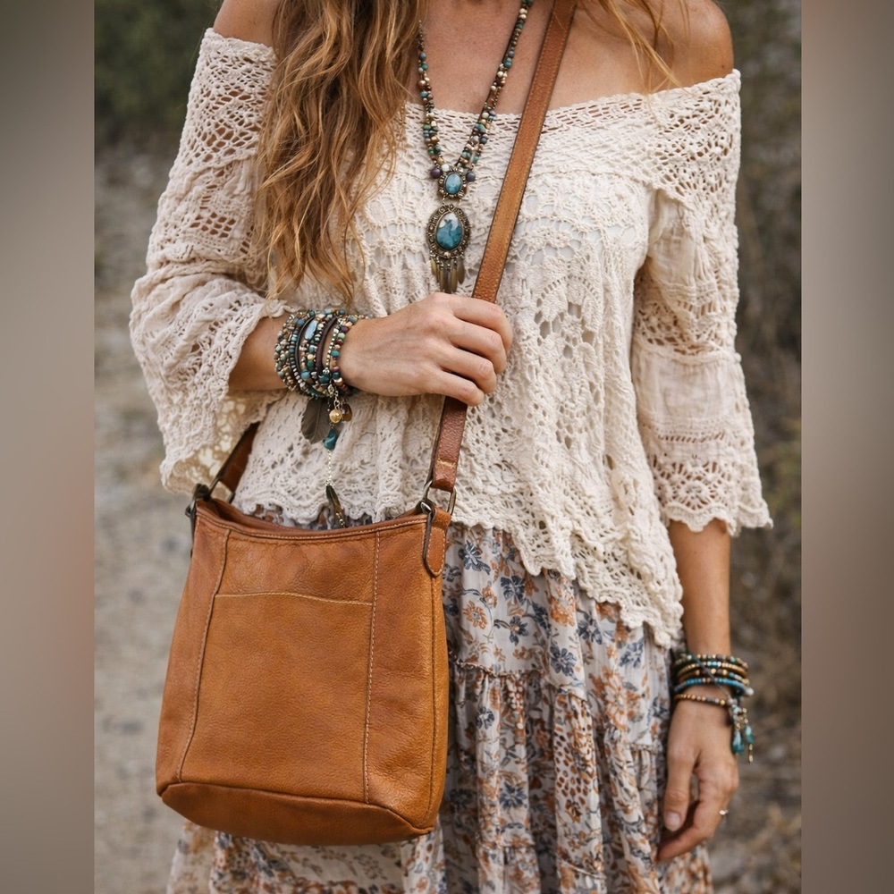 Vintage Boho Tan Genuine Leather crossbody Bag